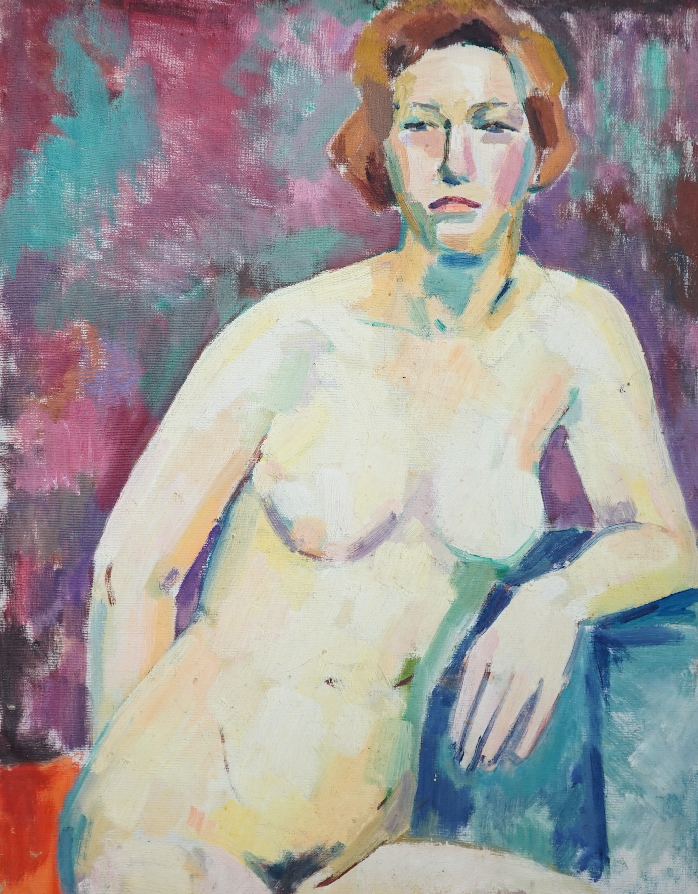 Modern British, oil on canvas, Female nude, 50 x 40cm, unframed